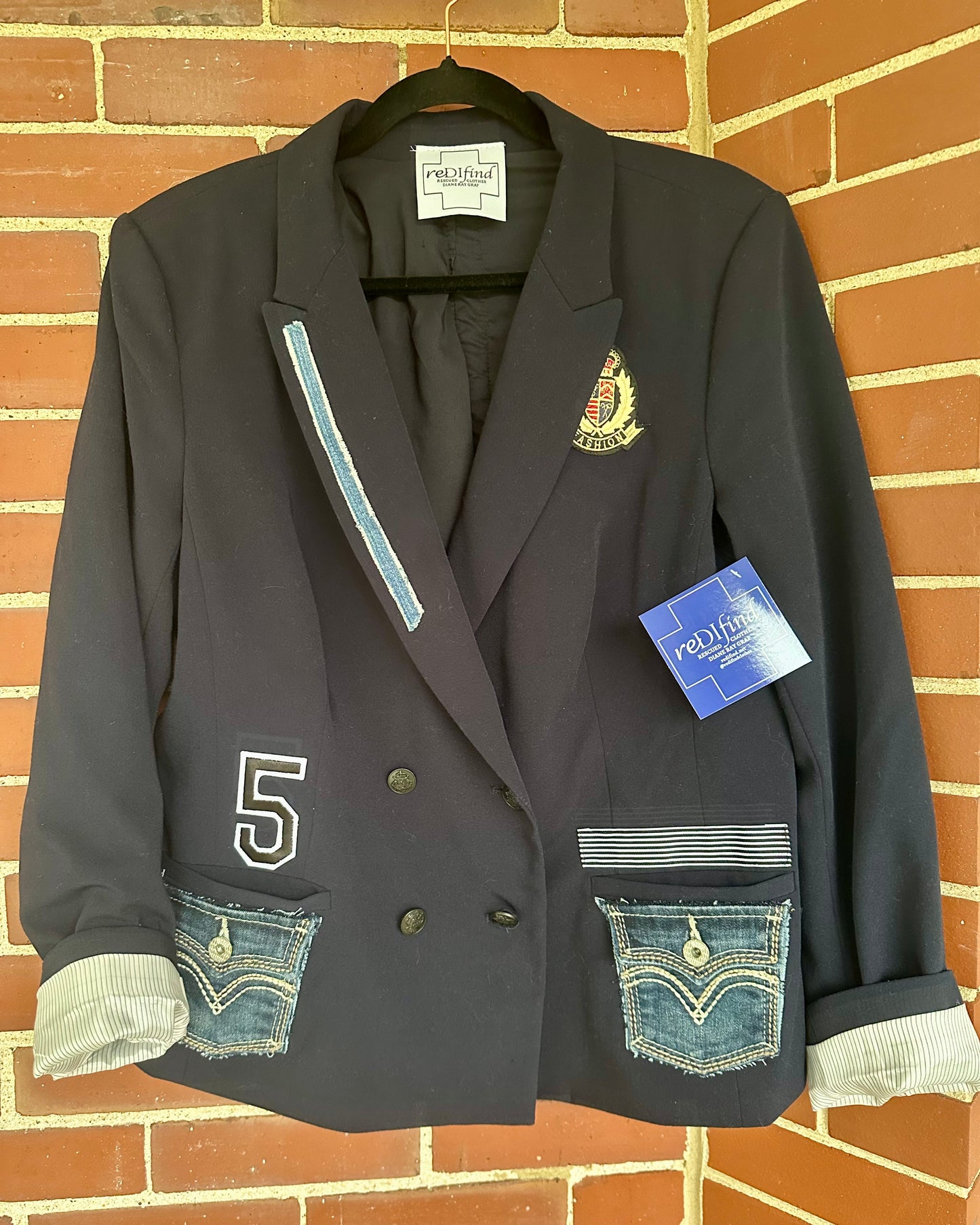 reDlfind Navy Upcycled Double-Breasted Blazer | Size Large